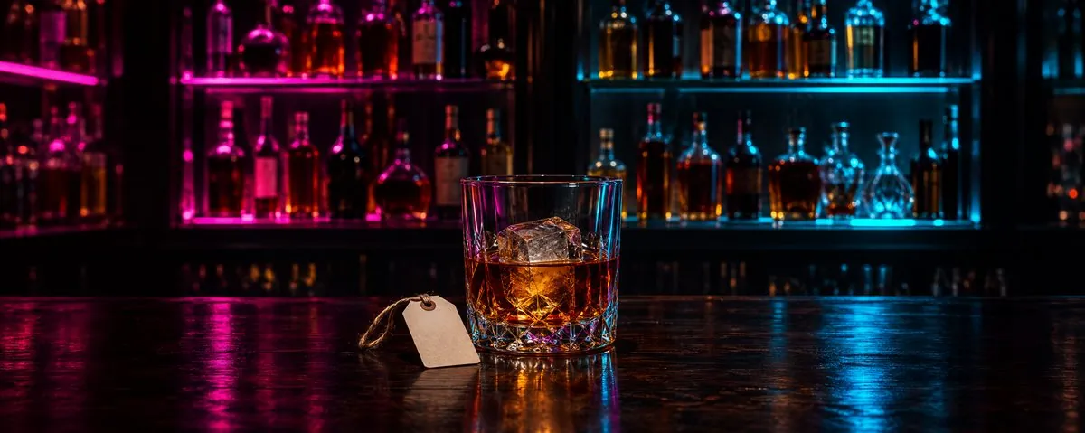 A rum on the rocks beside a blank price tag on a neon-lit bar
