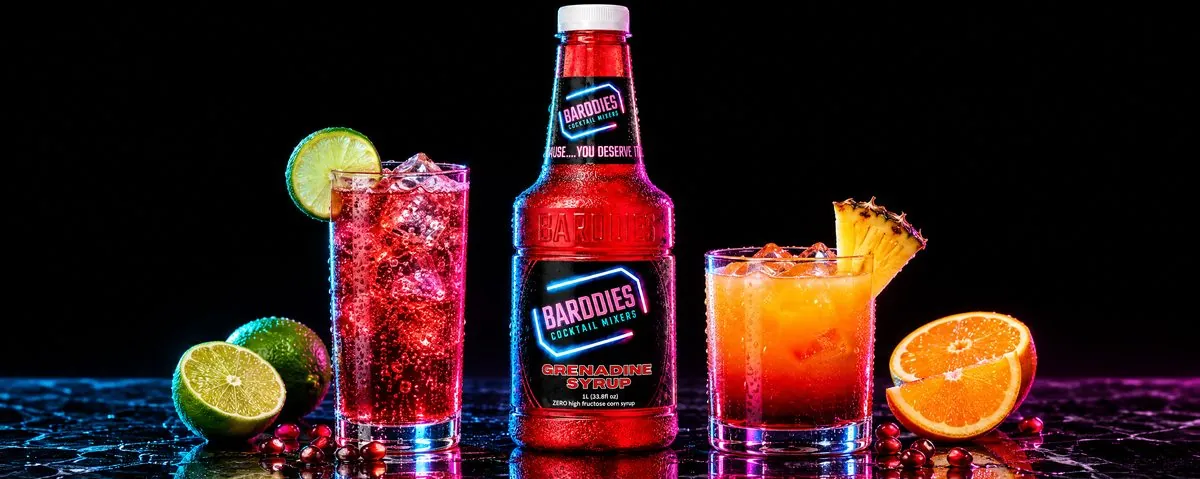Barddies Grenadine Syrup with a Ruby Fizz and a sunset punch