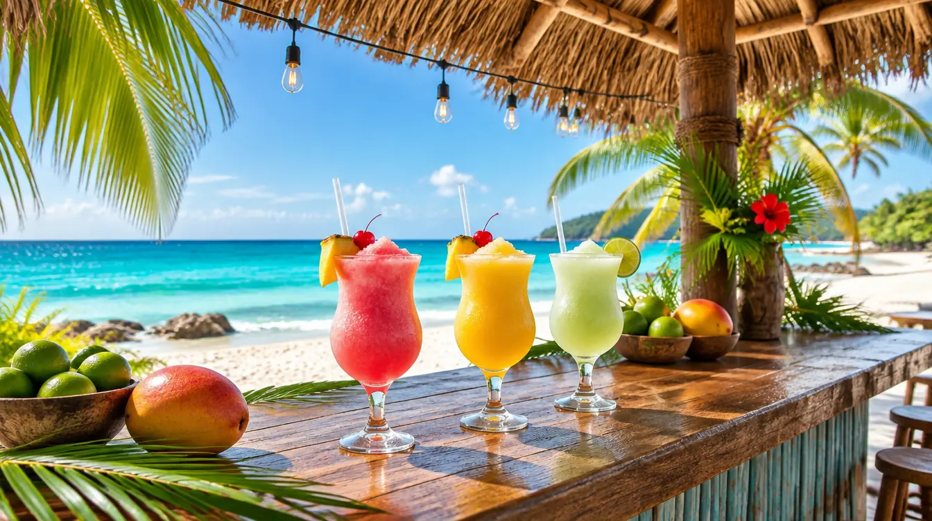 Frozen daiquiris lined up on a thatched beach bar overlooking turquoise water