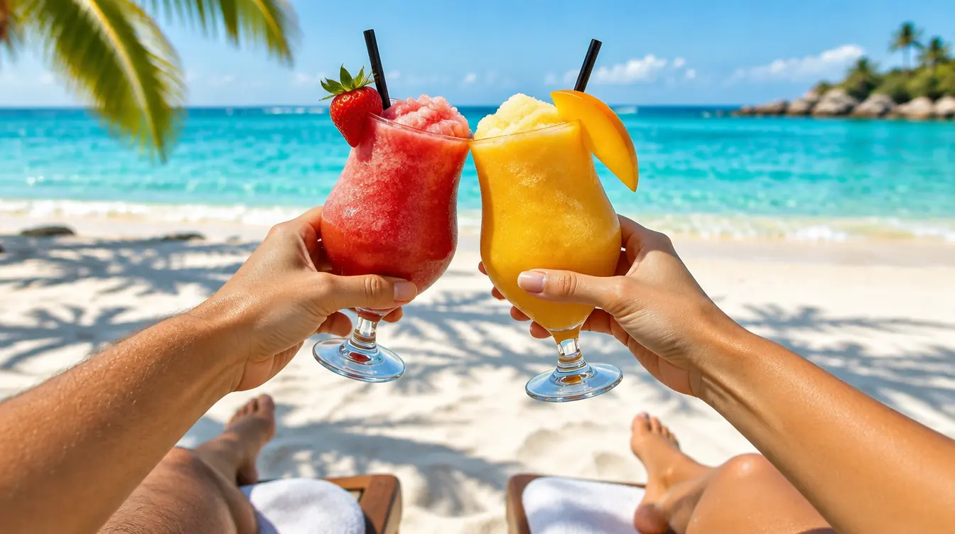 Two frozen daiquiris clinking on a white-sand Caribbean beach