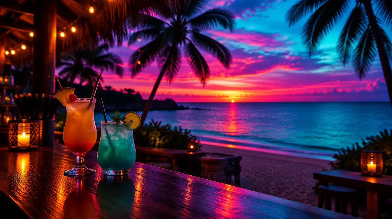 Caribbean beach bar at sunset with a pink and cyan sky and cocktails glowing on the bar