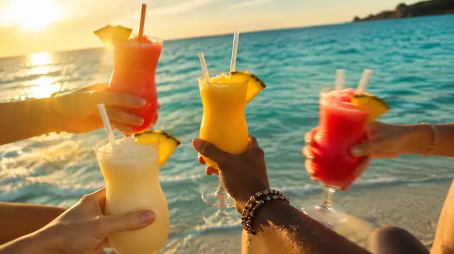 Friends passing frozen cocktails on a Caribbean beach at golden hour