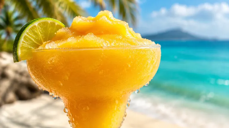 Close-up of an icy frozen mango daiquiri with a lime wedge and dripping condensation