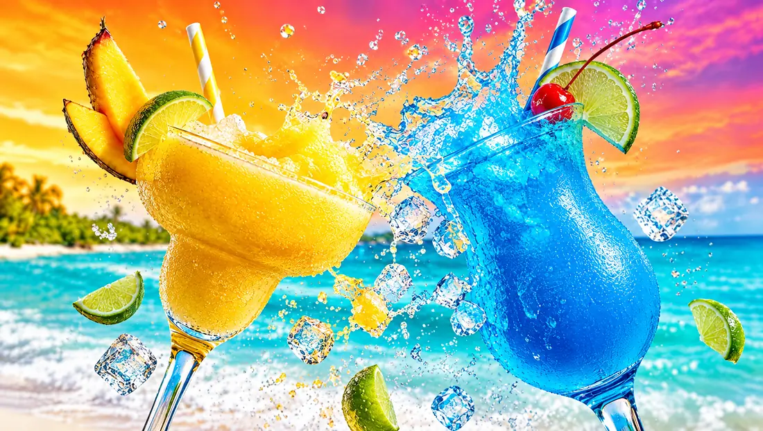 A frozen mango daiquiri and a blue lagoon cocktail colliding in a bright splash over a turquoise Caribbean beach