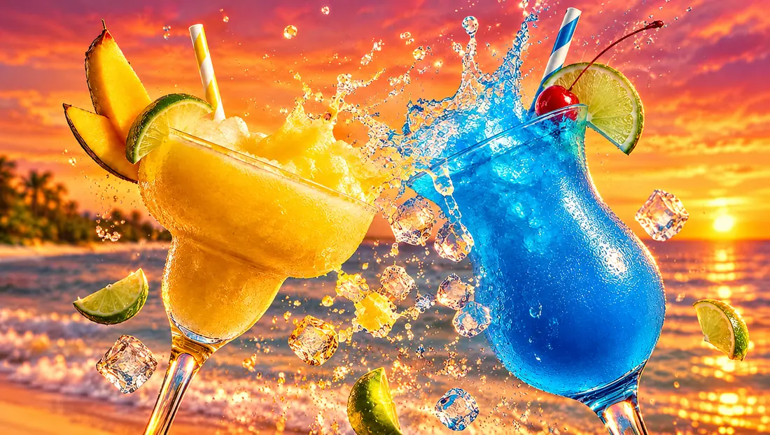 A frozen mango daiquiri and a blue lagoon cocktail splashing together at a golden Caribbean sunset