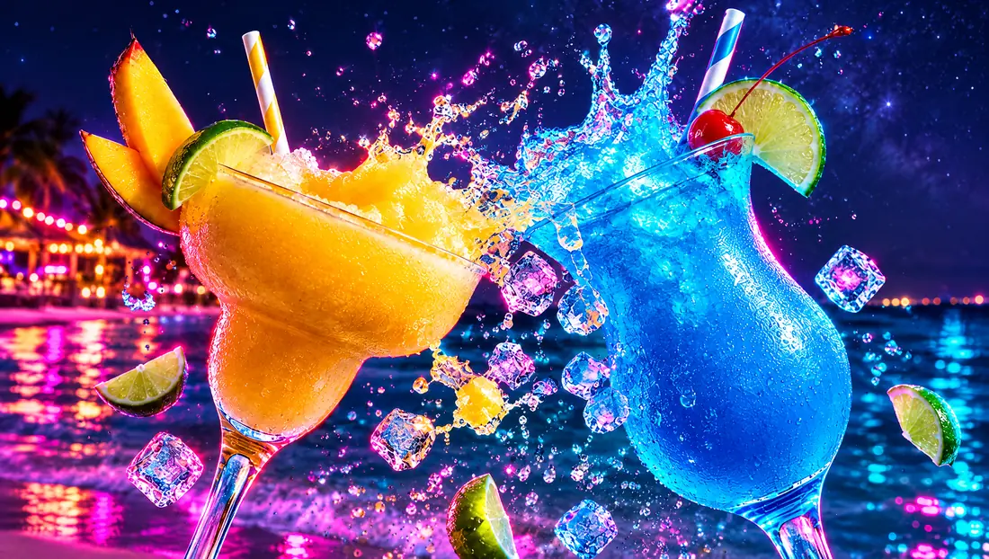 A frozen mango daiquiri and a blue lagoon cocktail splashing together under neon lights at night