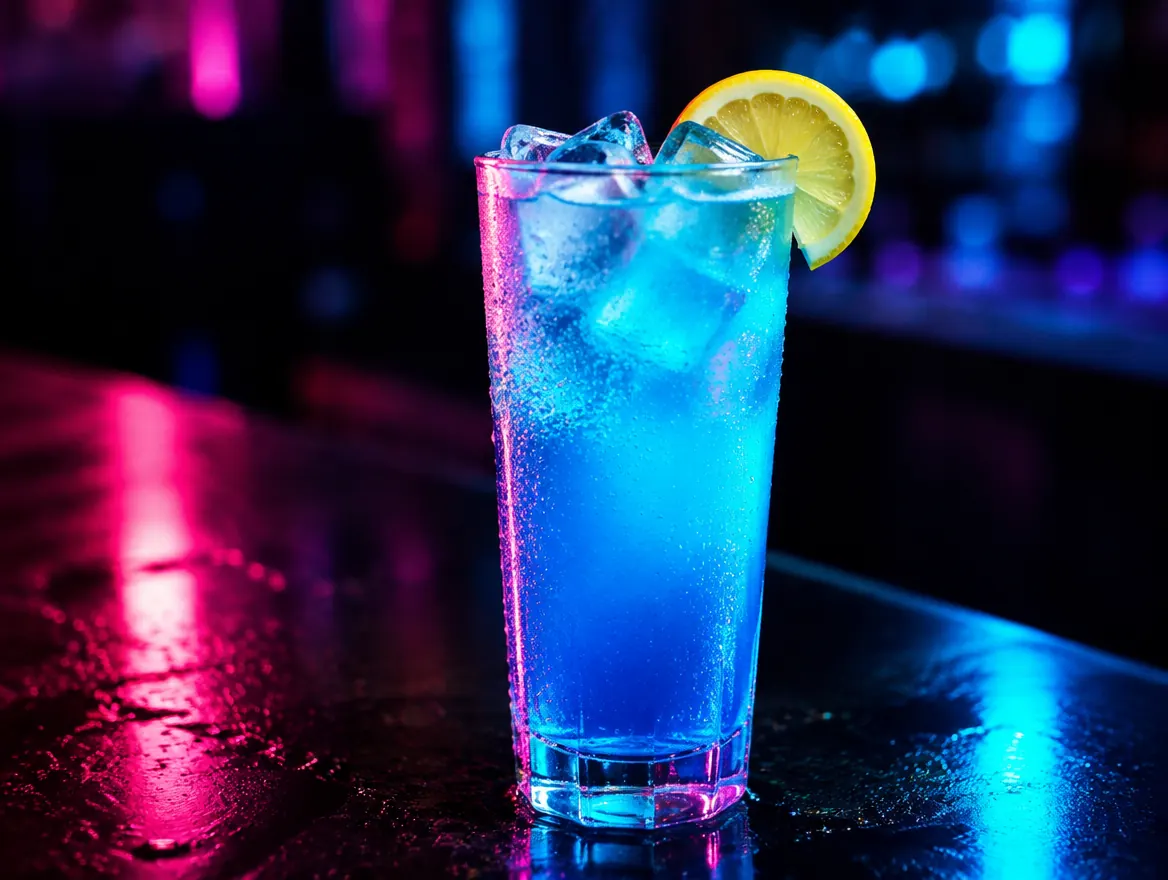 Electric-blue Blue Lagoon cocktail in a tall glass with ice and a lemon wheel, shown after dark with neon lighting