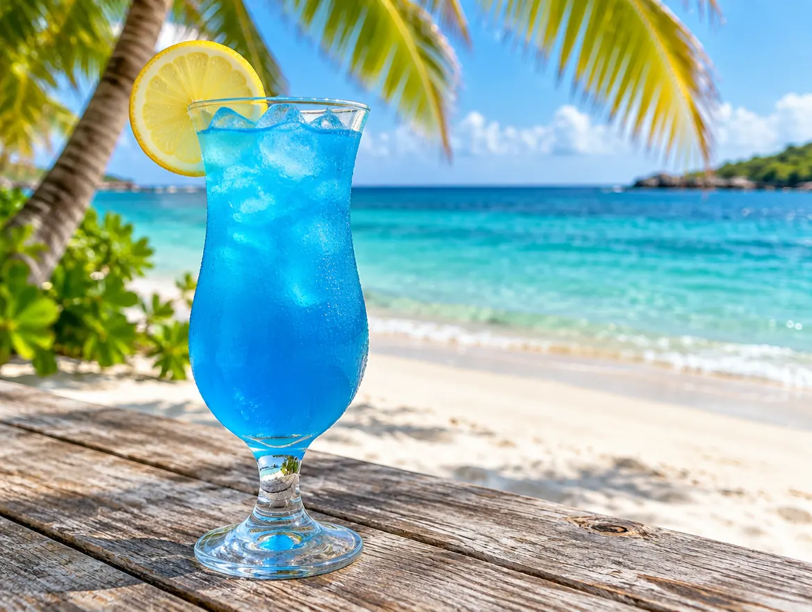 Electric-blue Blue Lagoon cocktail in a tall glass with ice and a lemon wheel