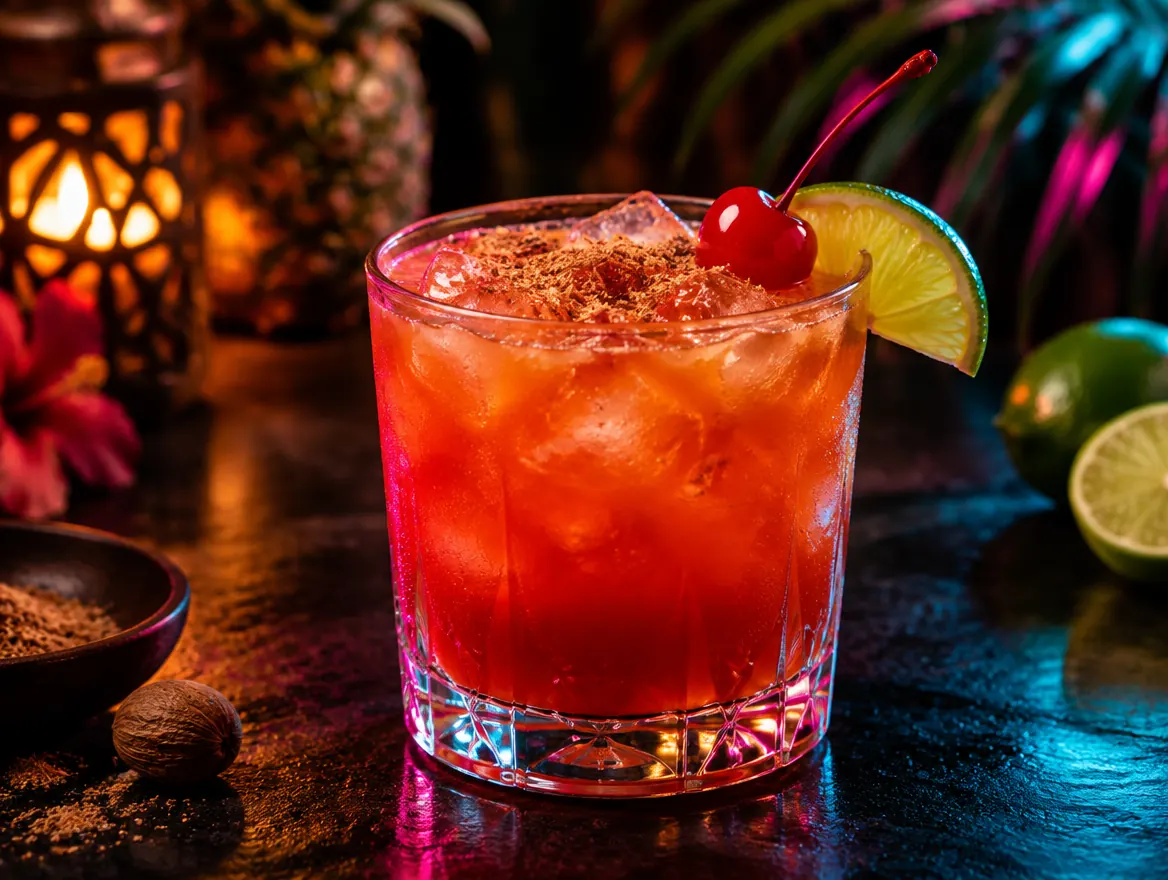 Caribbean rum punch over ice with lime, a cherry and grated nutmeg, shown after dark with neon lighting
