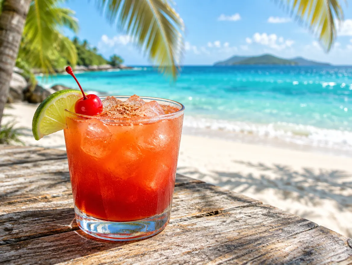 Caribbean rum punch over ice with lime, a cherry and grated nutmeg