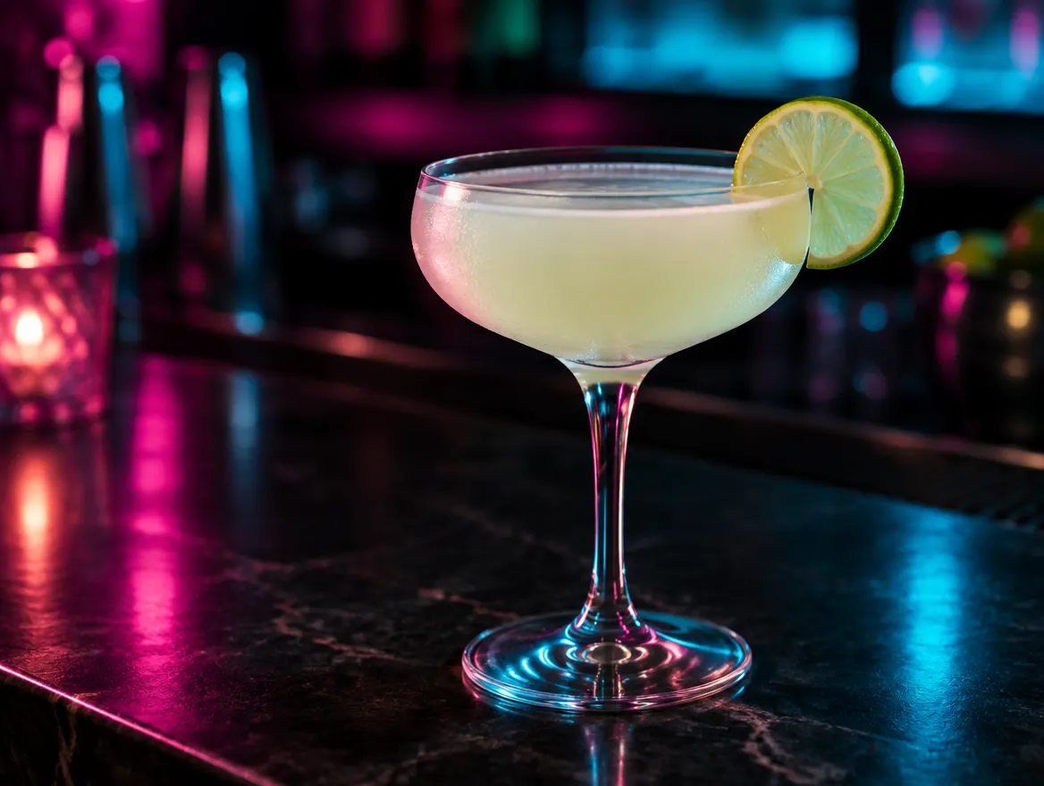 Classic daiquiri served up in a chilled coupe with a lime wheel, shown after dark with neon lighting