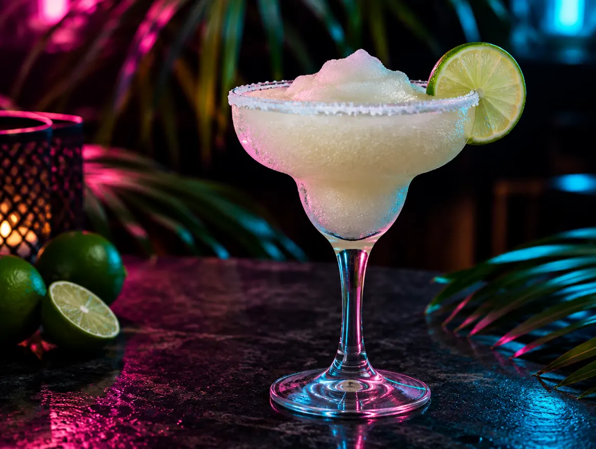 Frozen classic margarita in a salt-rimmed glass with a lime wheel, shown after dark with neon lighting