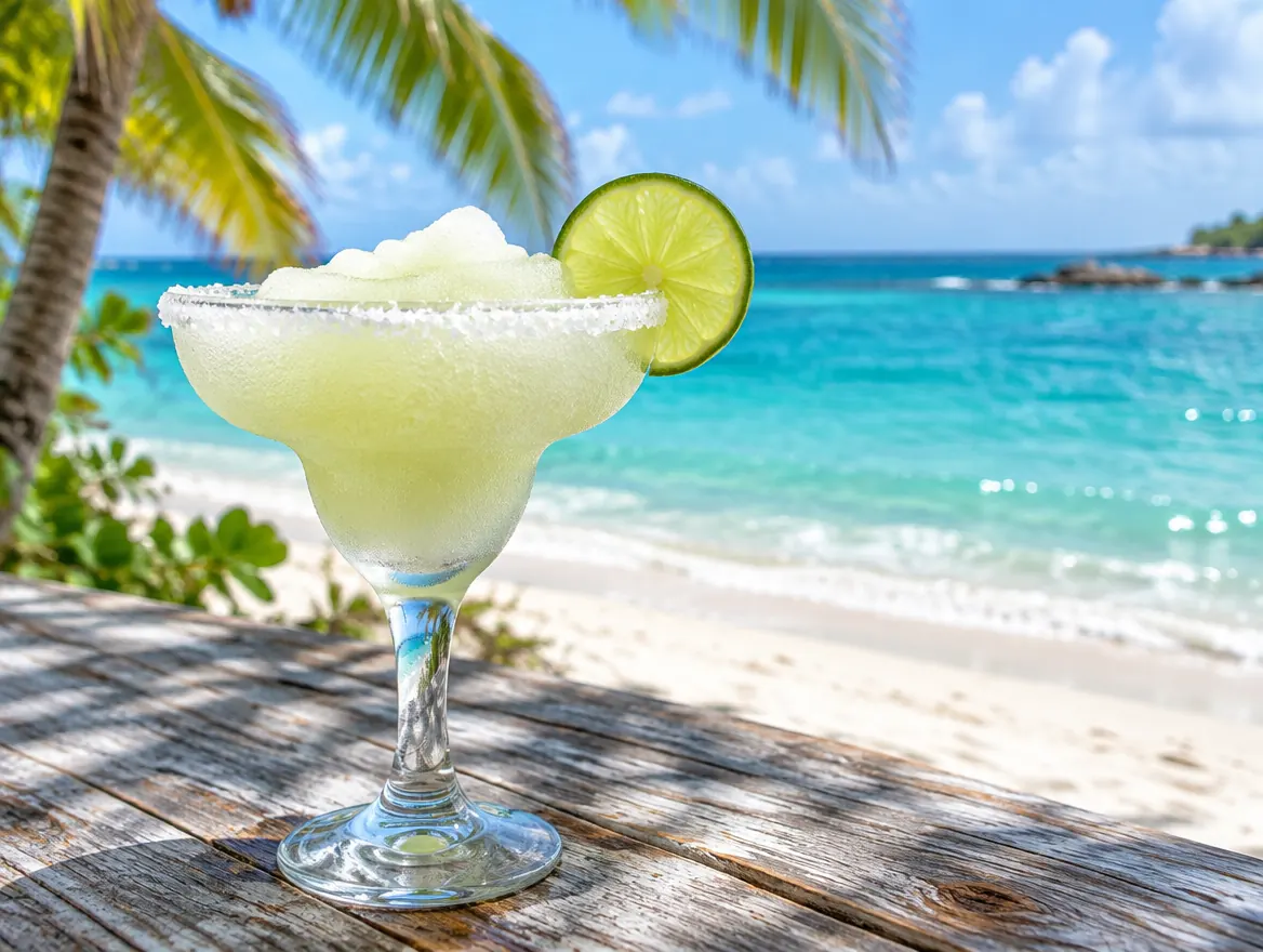 Frozen classic margarita in a salt-rimmed glass with a lime wheel