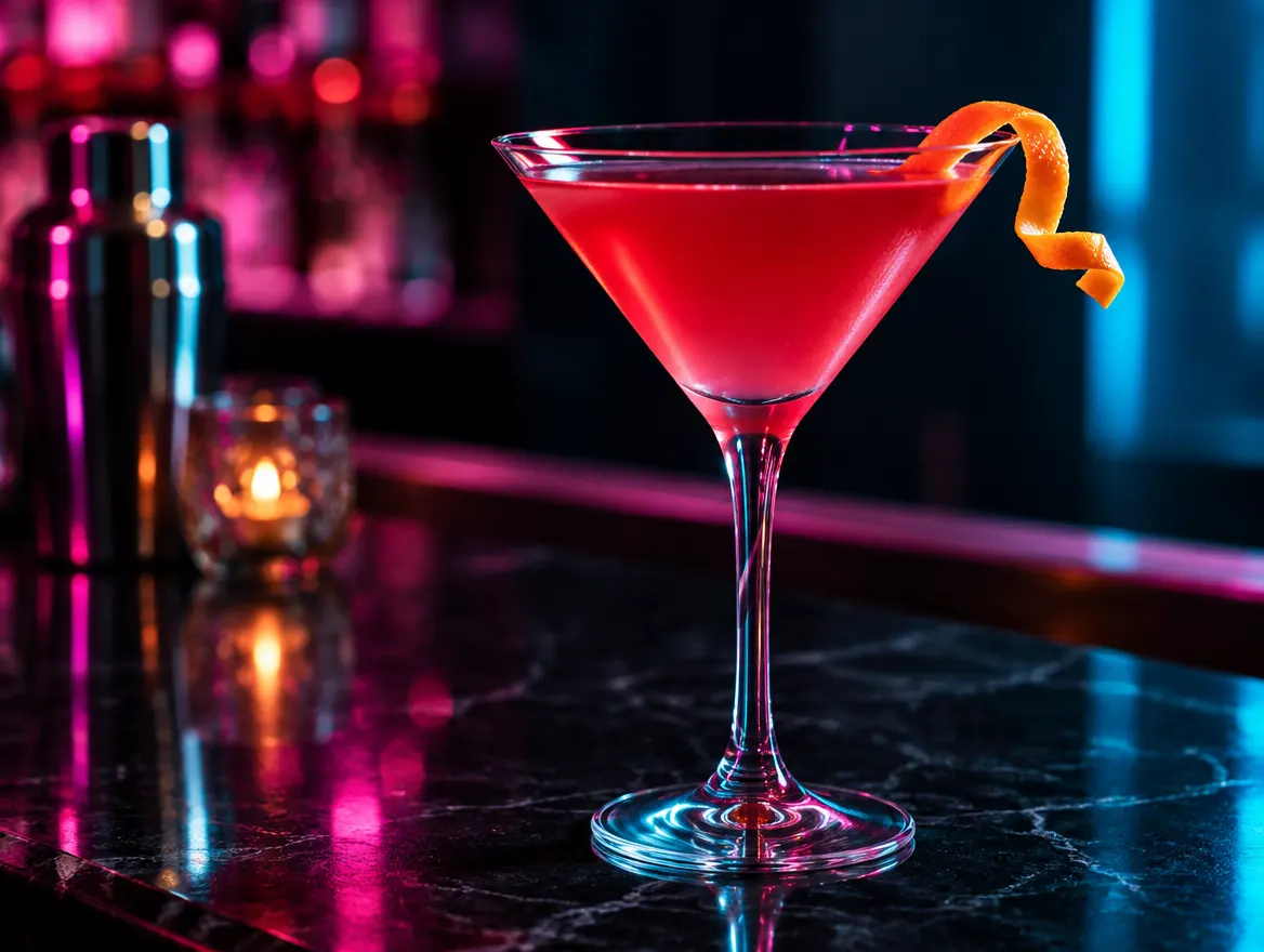 Pink Cosmopolitan in a martini glass with an orange peel twist, shown after dark with neon lighting