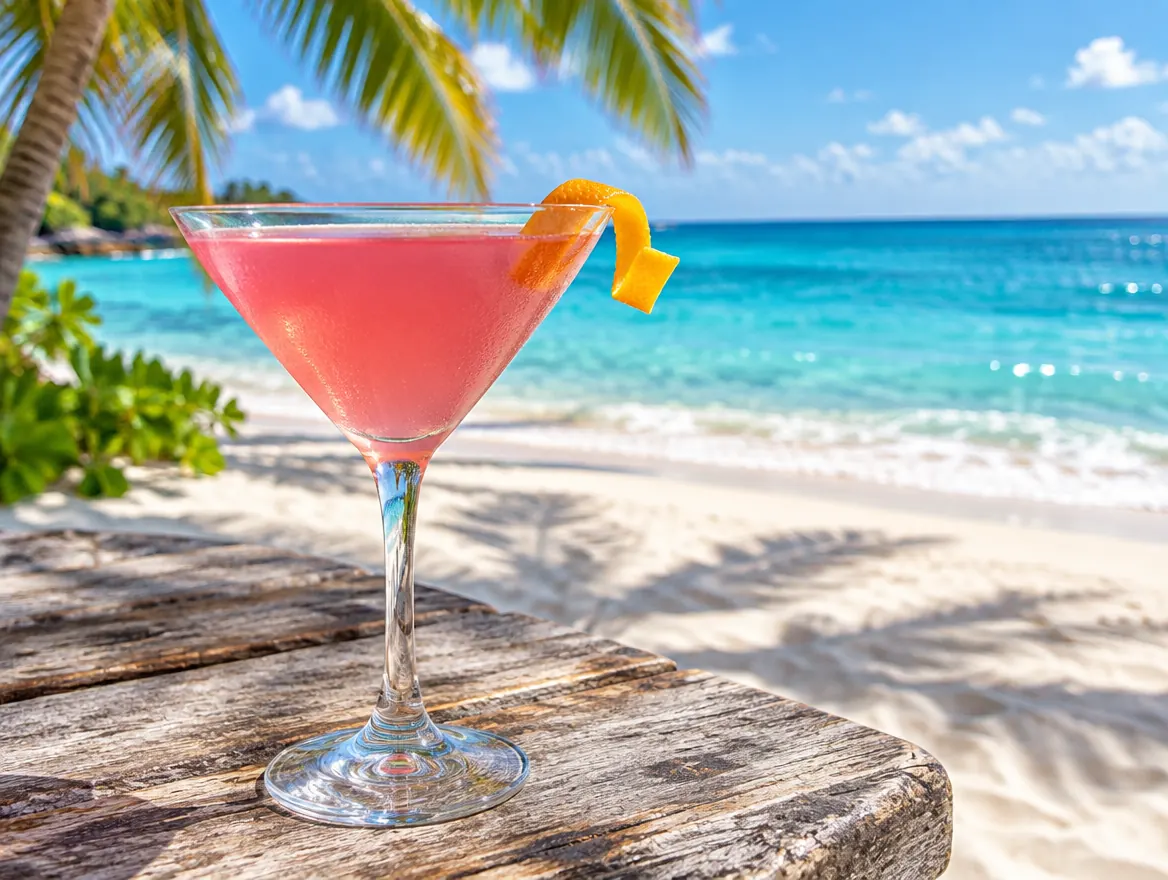 Pink Cosmopolitan in a martini glass with an orange peel twist, on a sunny Caribbean beach
