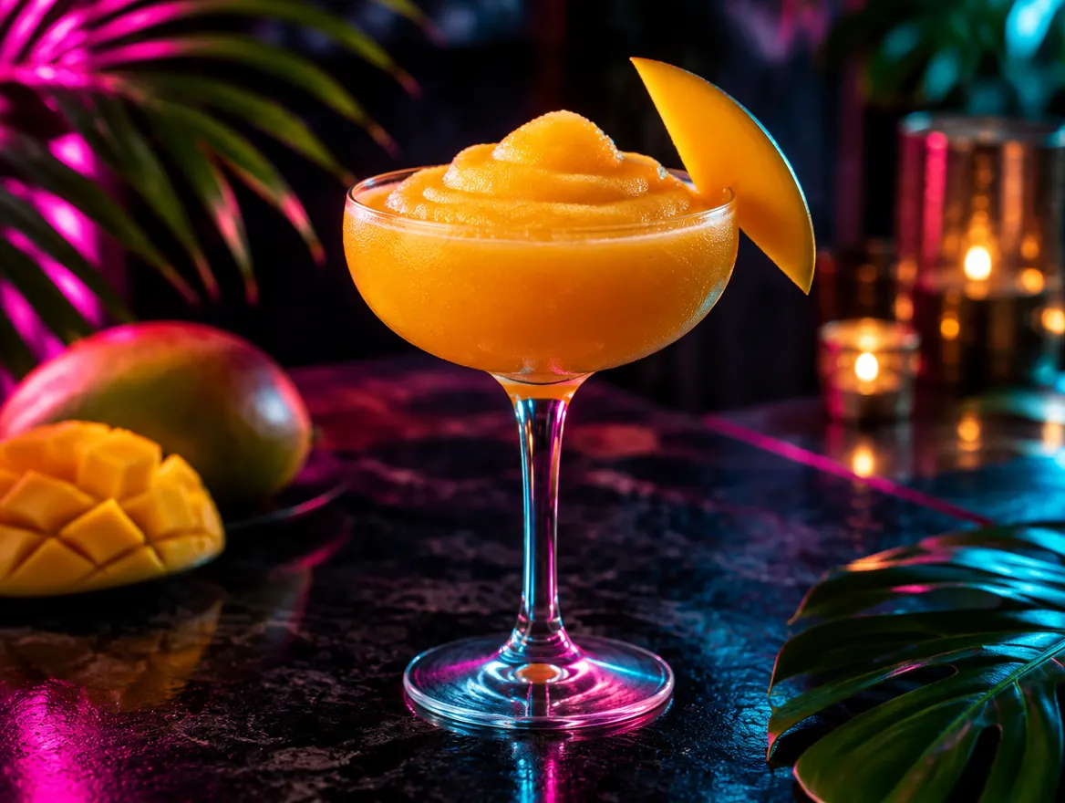 Frozen mango daiquiri in a coupe glass with a fresh mango slice, shown after dark with neon lighting