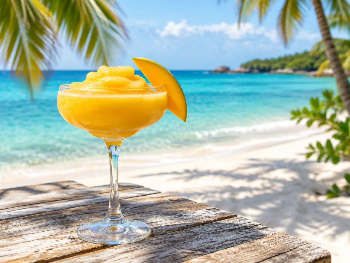 Frozen mango daiquiri in a coupe glass with a fresh mango slice
