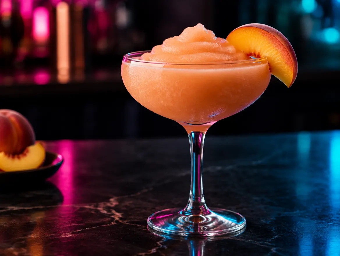 Frozen peach daiquiri in a coupe glass with a fresh peach slice, shown after dark with neon lighting
