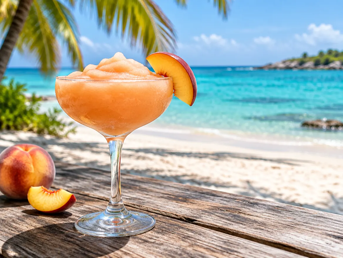 Frozen peach daiquiri in a coupe glass with a fresh peach slice, on a sunny Caribbean beach
