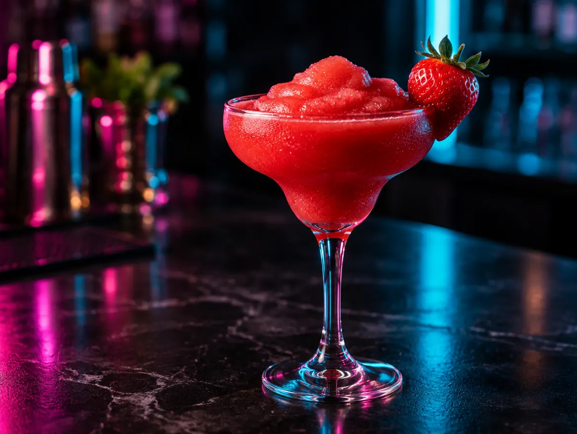 Frozen strawberry daiquiri in a stemmed glass with a fresh strawberry, shown after dark with neon lighting