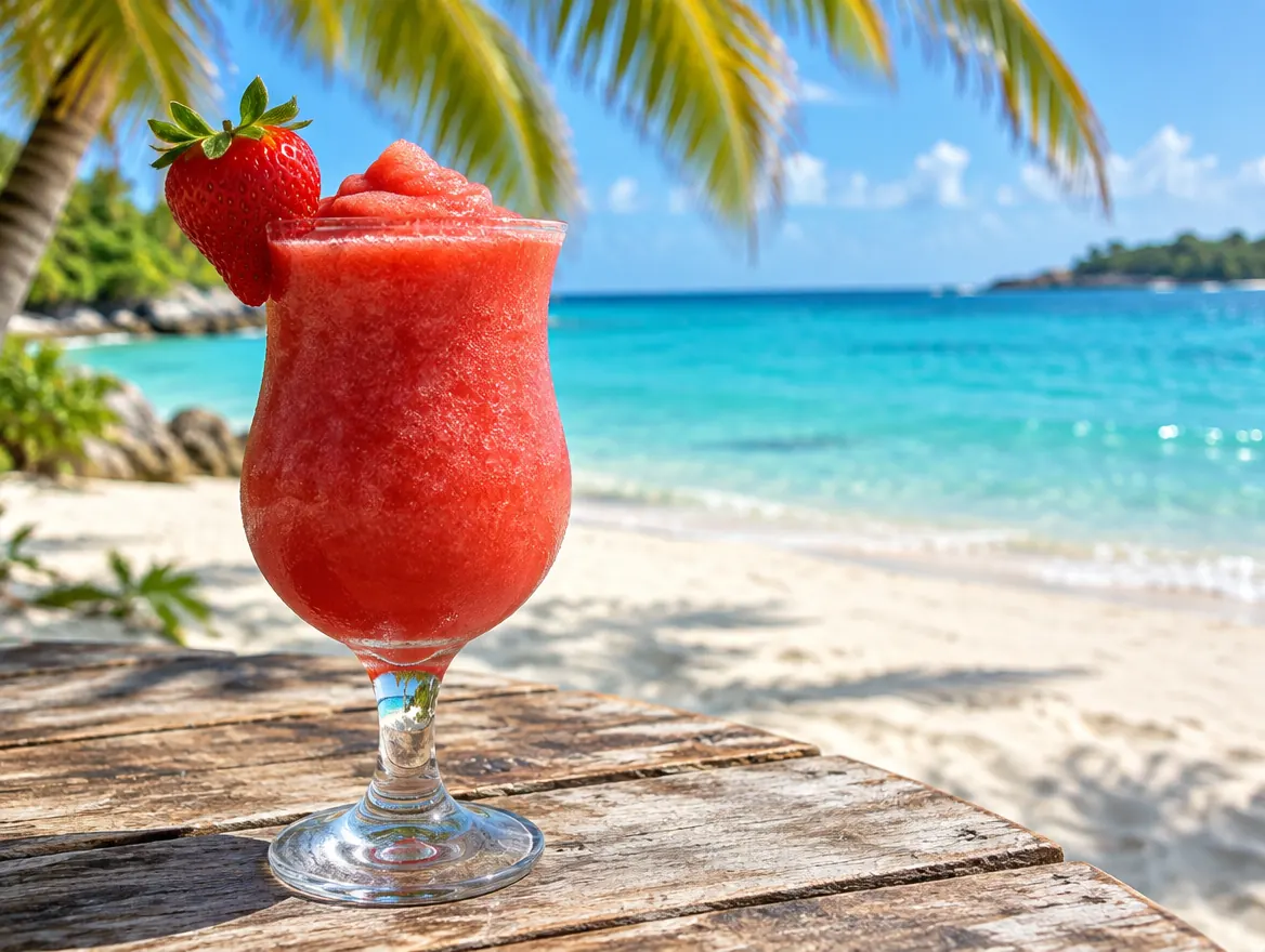 Frozen strawberry daiquiri in a stemmed glass with a fresh strawberry