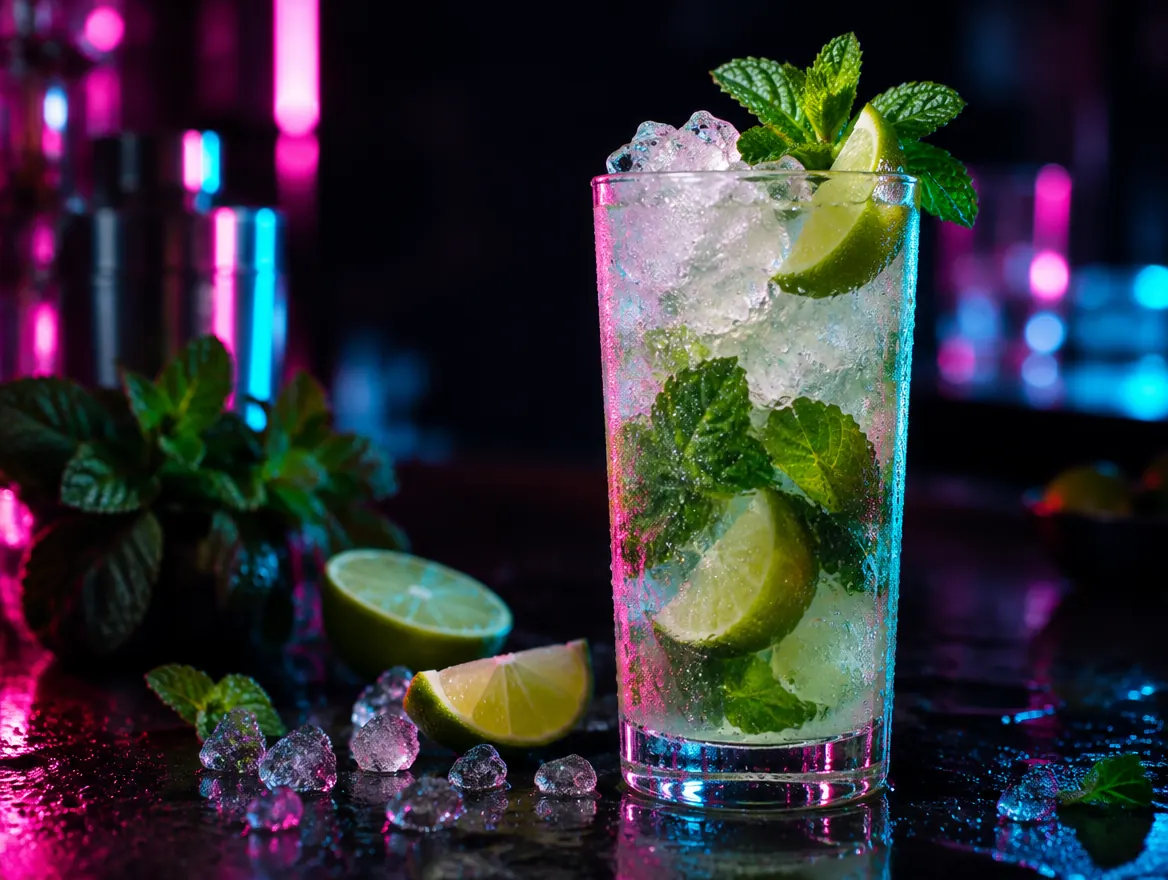 Mojito in a highball glass with crushed ice, fresh mint and lime, shown after dark with neon lighting