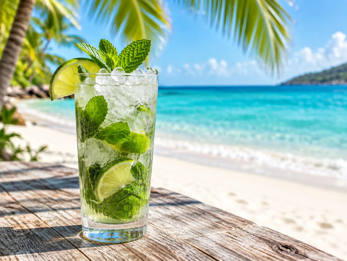 Mojito in a highball glass with crushed ice, fresh mint and lime