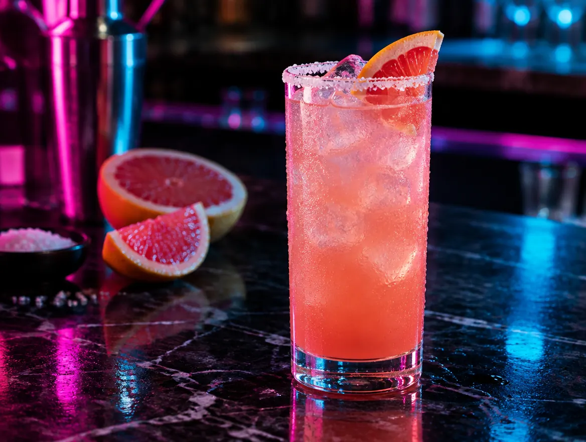 Paloma in a highball glass with a salted rim and grapefruit wedge, shown after dark with neon lighting