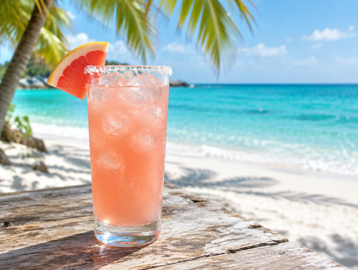 Paloma in a highball glass with a salted rim and grapefruit wedge