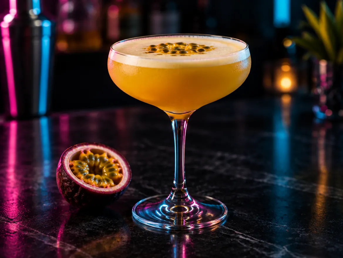 Passionfruit daiquiri in a coupe glass beside a halved passionfruit, shown after dark with neon lighting