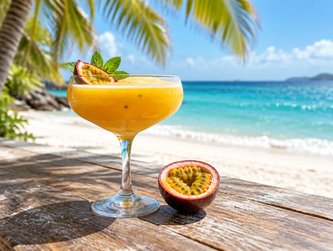 Passionfruit daiquiri in a coupe glass beside a halved passionfruit