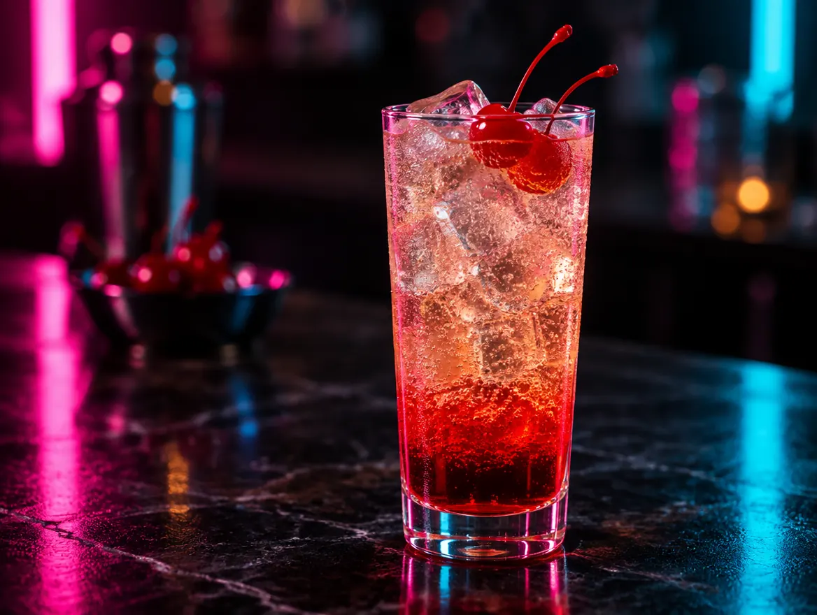 Shirley Temple mocktail in a tall glass with grenadine and two cherries, shown after dark with neon lighting