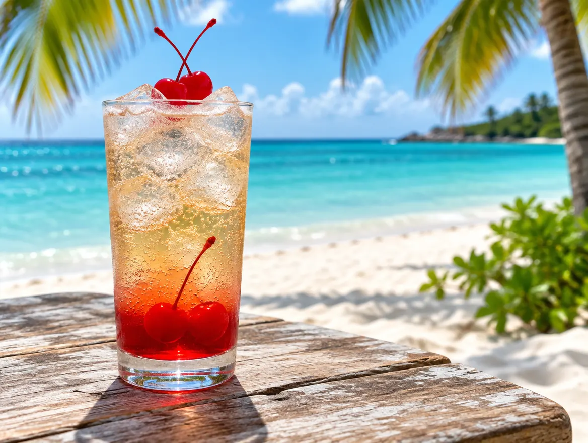 Shirley Temple mocktail in a tall glass with grenadine and two cherries, on a sunny Caribbean beach