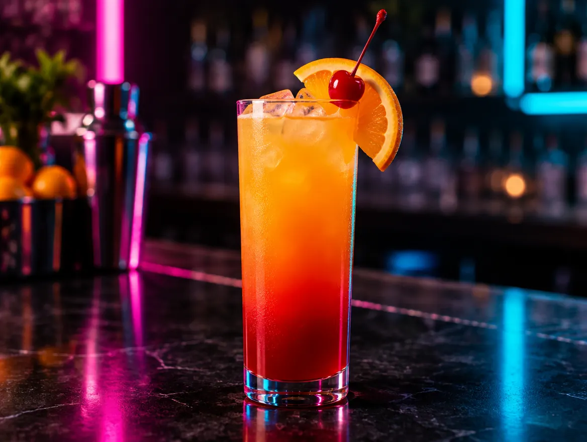 Tequila sunrise with an orange to red gradient, orange slice and cherry, shown after dark with neon lighting