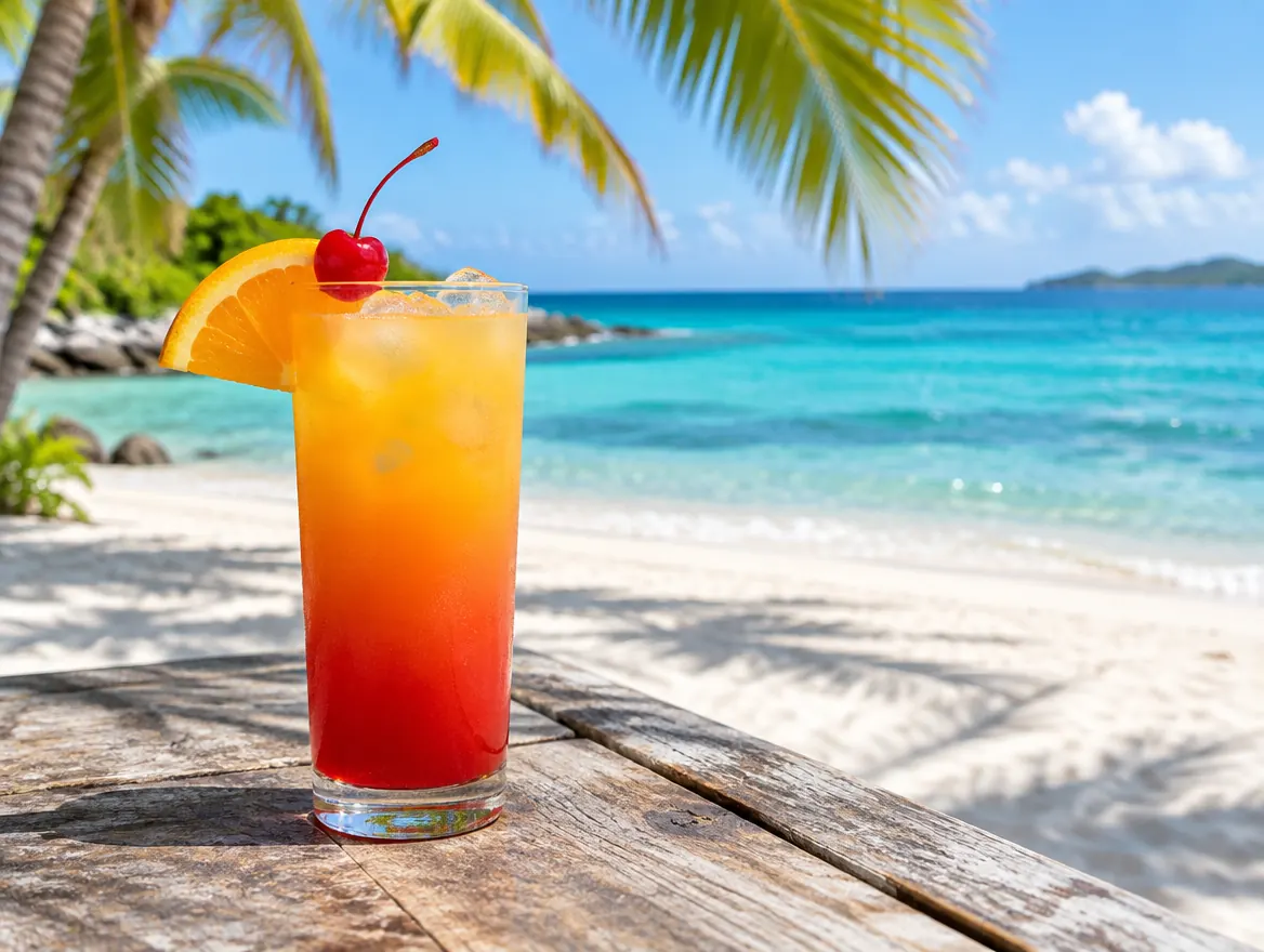 Tequila sunrise with an orange to red gradient, orange slice and cherry