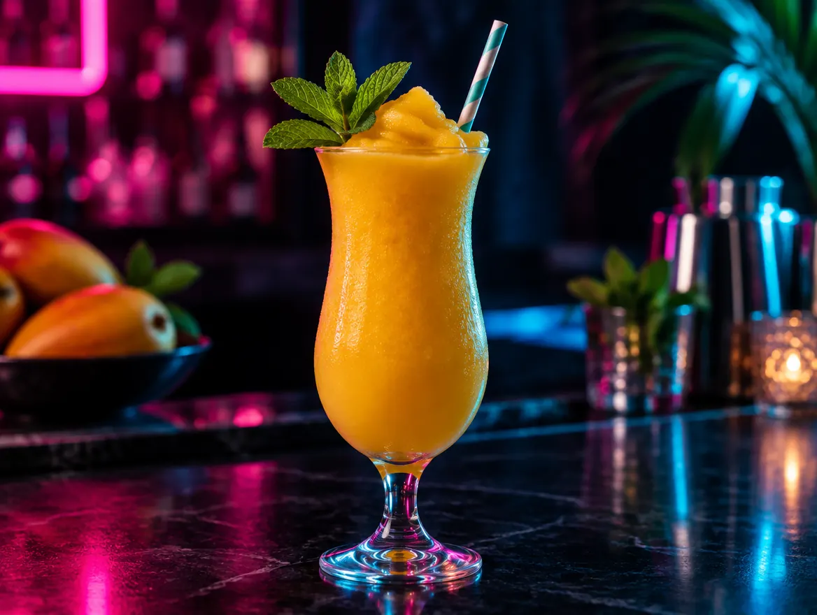 Virgin frozen mango daiquiri in a tall glass with mint and a straw, shown after dark with neon lighting
