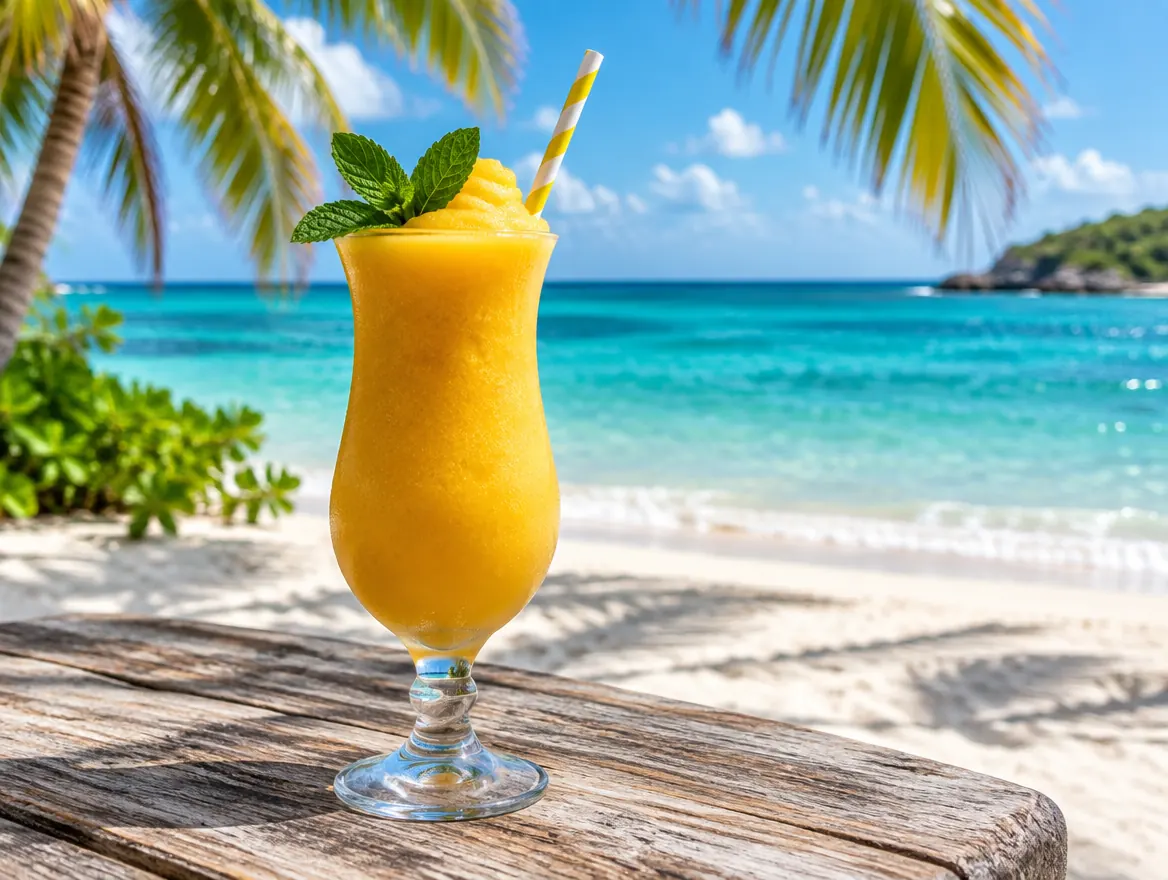 Virgin frozen mango daiquiri in a tall glass with mint and a straw